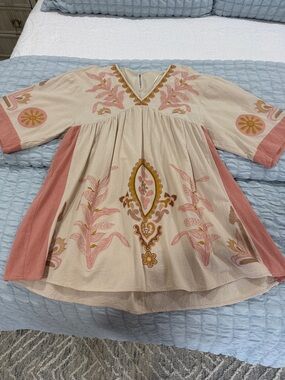 Dress- size Large Embroidered Boho Peasant dress in Cream and dusty rose